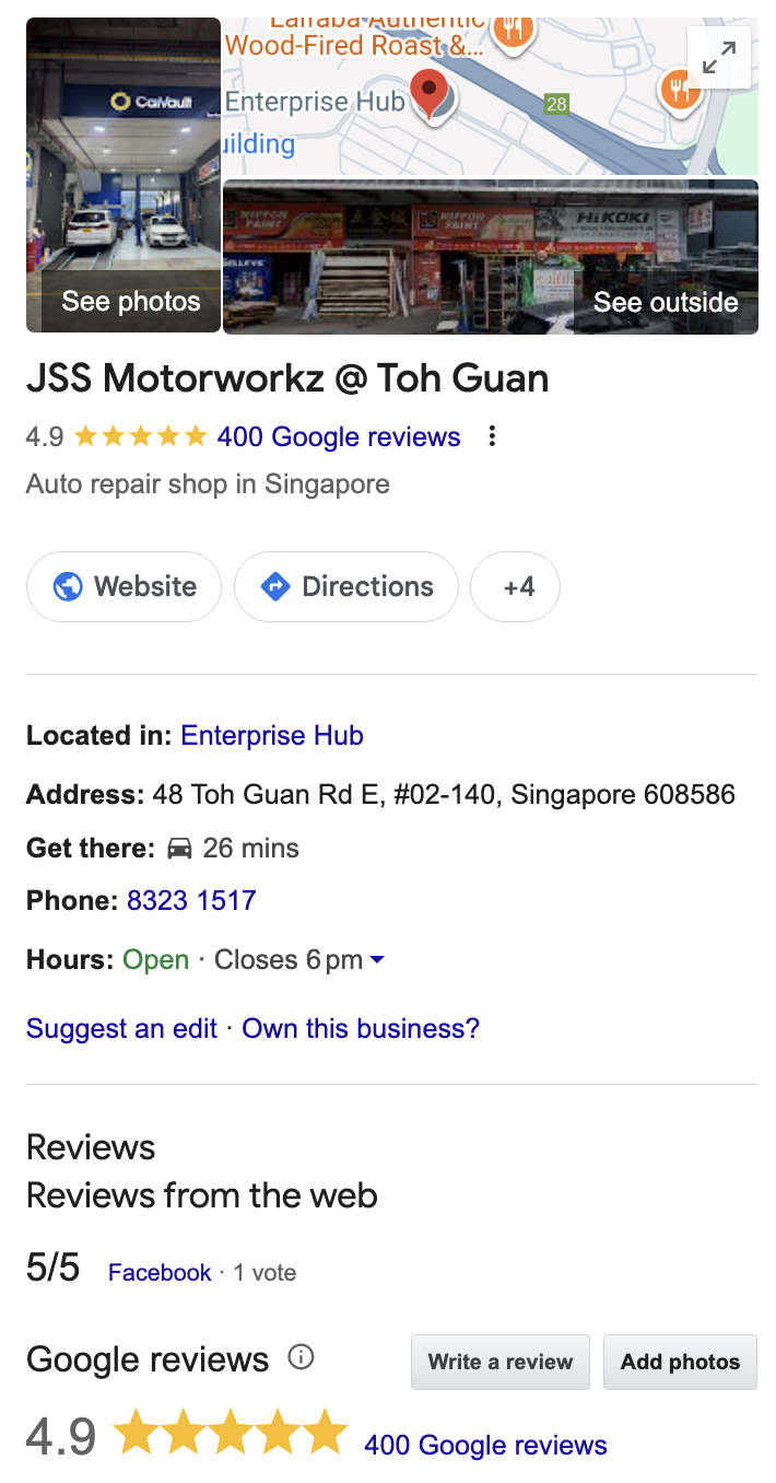 JSS Motorworkz Google Business Profile after — 400 reviews, website live