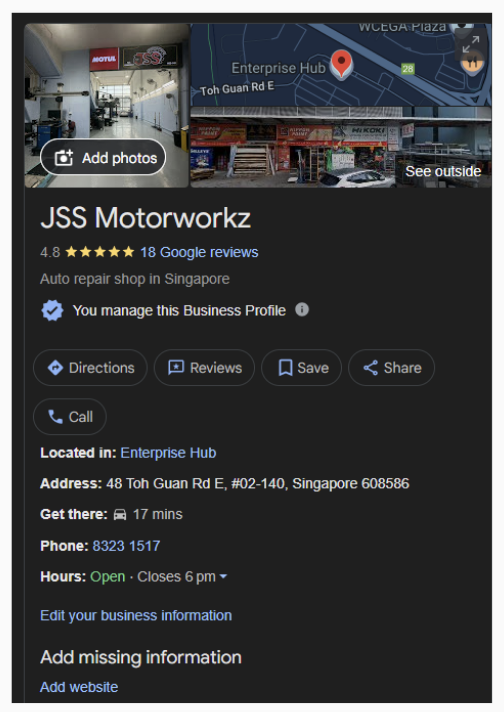 JSS Motorworkz Google Business Profile before — 18 reviews, no website